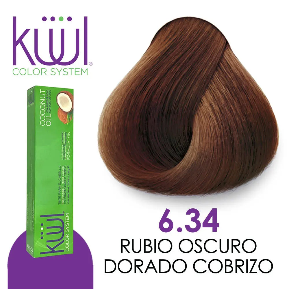 TINTE KUUL PROFESIONAL TONO K6.34 RUBIO OSCURO DORADO COBRIZO 90 ML + PEROXIDO DE 135ML GRATIS Perfumería la Mora