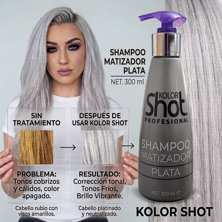 Kolor Shot Shampoo Platino de 300 Ml para Neutralizar el Visto Amarillo y Platinar Canas Luces Rayos y Mechas