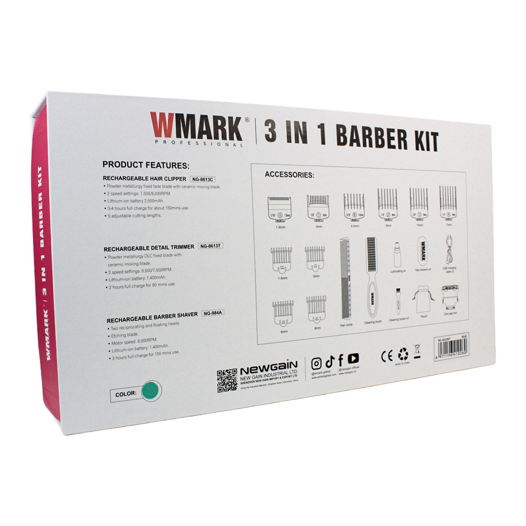 Kit de Barbería Profesional WMARK 3 en 1 (NG-1613KIT) - Clipper, Trimmer y Shaver Recargables (Azul/Verde Menta)