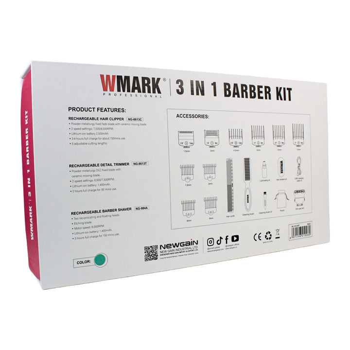 Kit de Barbería Profesional WMARK 3 en 1 (NG-1613KIT) - Clipper, Trimmer y Shaver Recargables (Rosa)