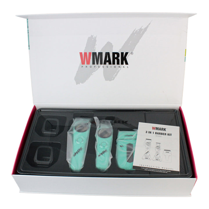 Kit de Barbería Profesional WMARK 3 en 1 (NG-1613KIT) - Clipper, Trimmer y Shaver Recargables (Azul/Verde Menta)
