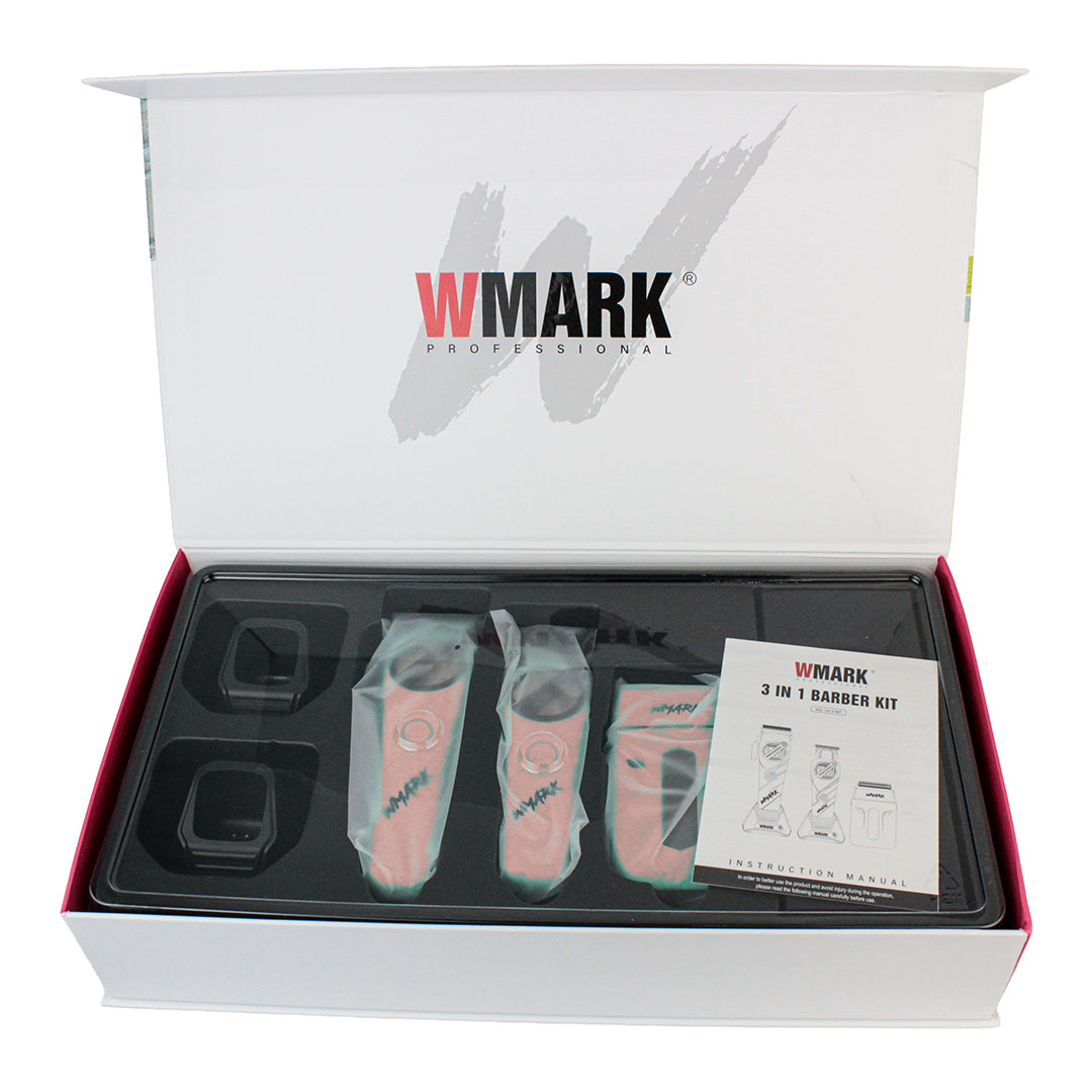 Kit de Barbería Profesional WMARK 3 en 1 (NG-1613KIT) - Clipper, Trimmer y Shaver Recargables (Rosa)
