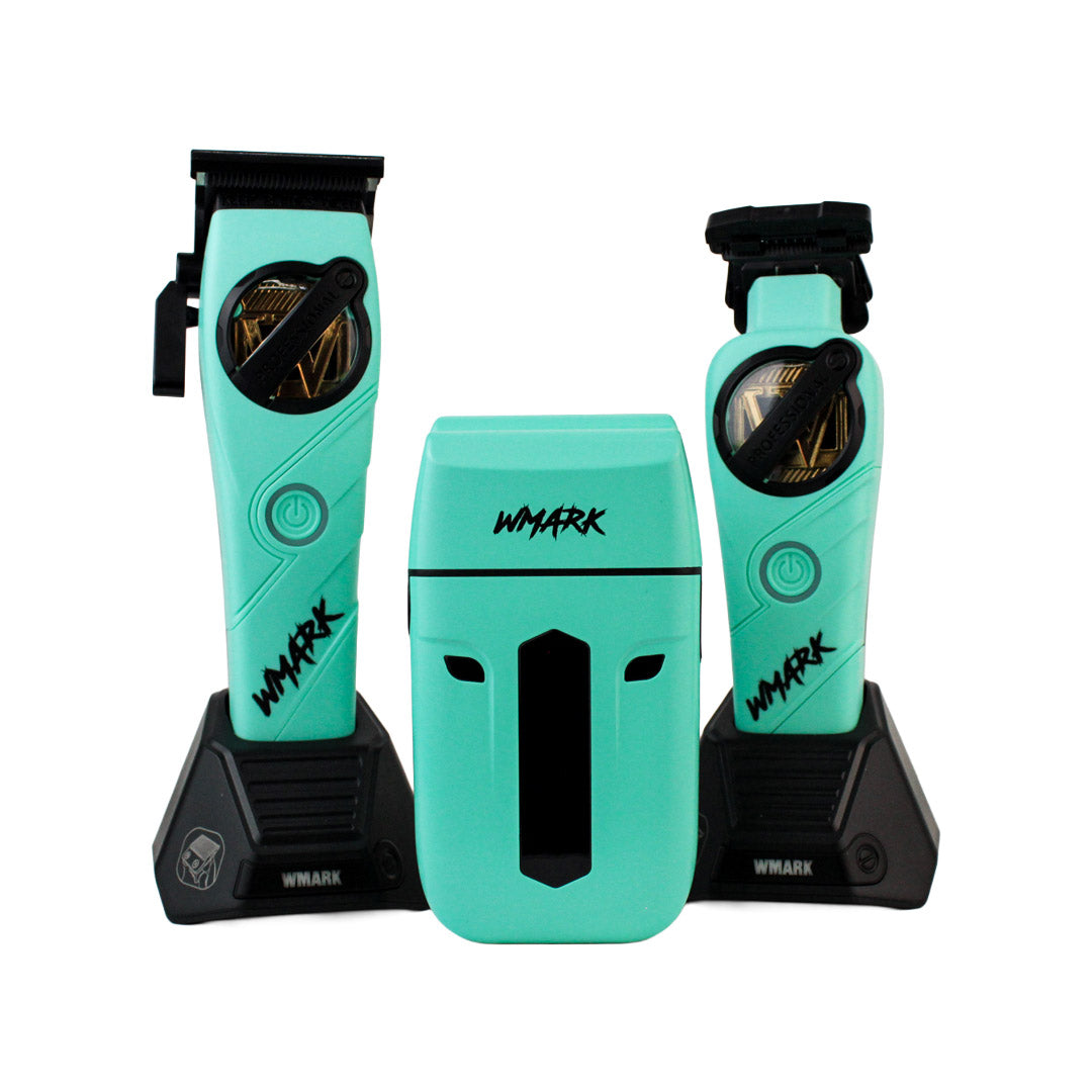 Kit de Barbería Profesional WMARK 3 en 1 (NG-1613KIT) - Clipper, Trimmer y Shaver Recargables (Azul/Verde Menta)