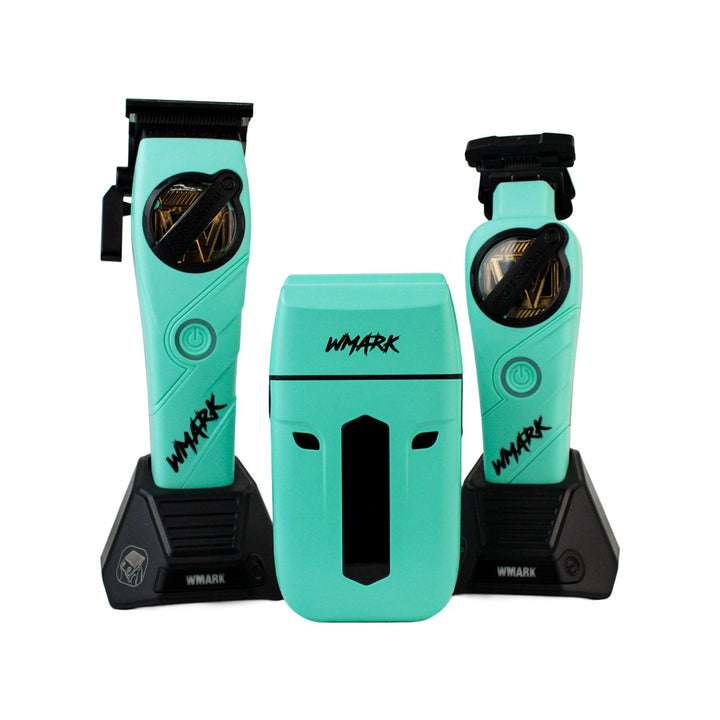Kit de Barbería Profesional WMARK 3 en 1 (NG-1613KIT) - Clipper, Trimmer y Shaver Recargables (Azul/Verde Menta)