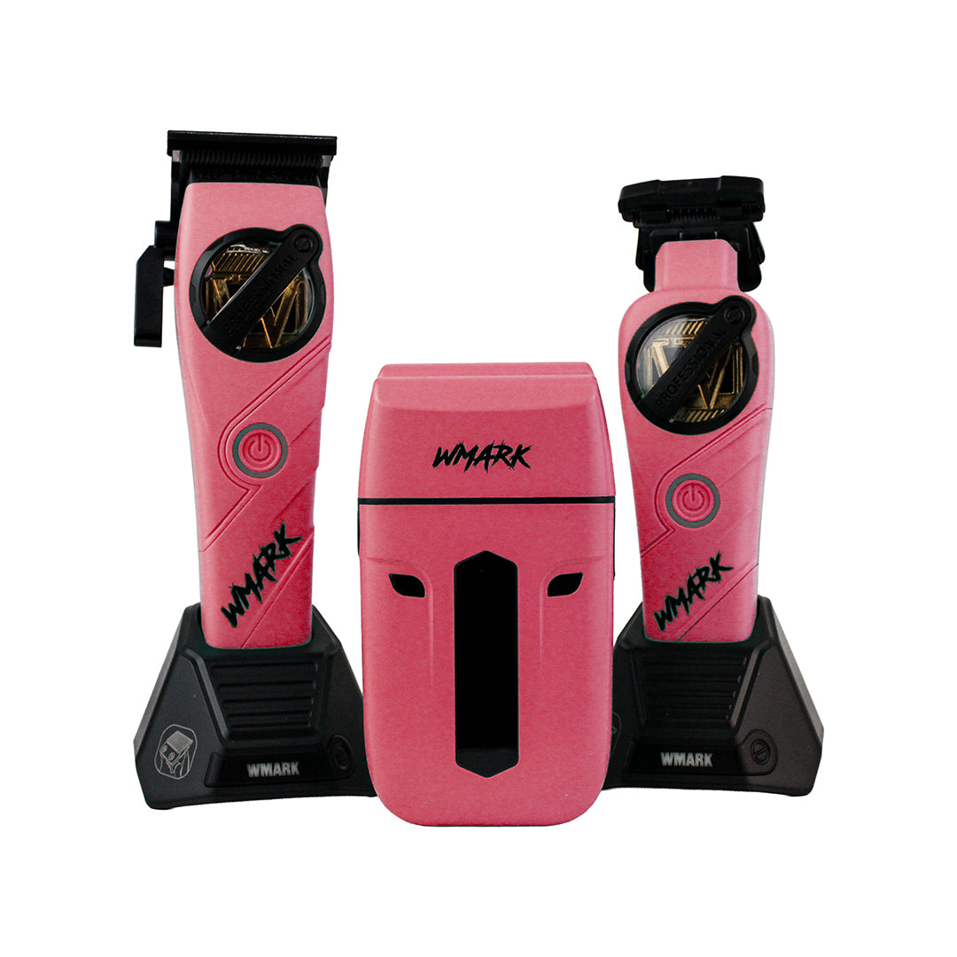 Kit de Barbería Profesional WMARK 3 en 1 (NG-1613KIT) - Clipper, Trimmer y Shaver Recargables (Rosa)