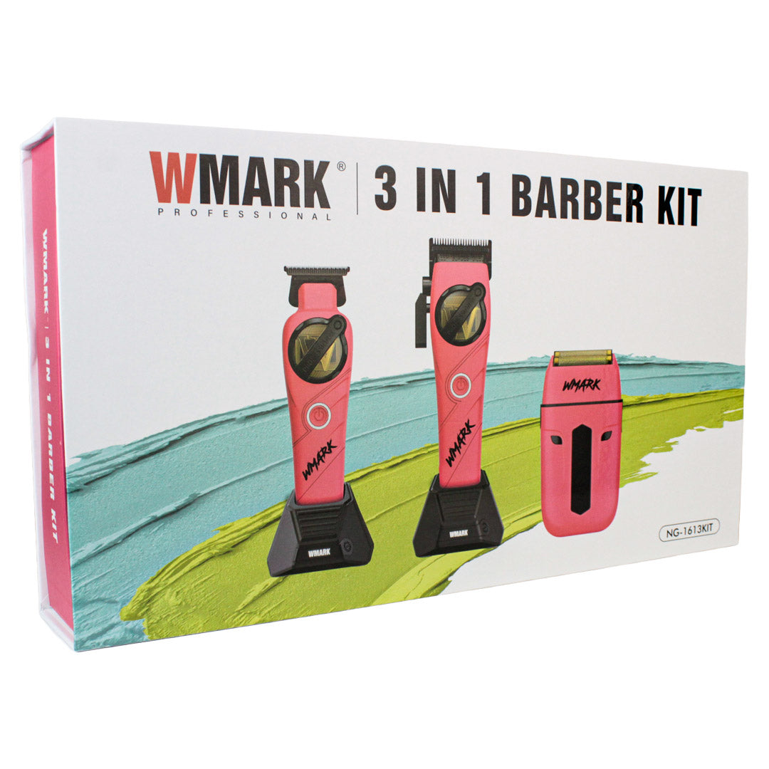 Kit de Barbería Profesional WMARK 3 en 1 (NG-1613KIT) - Clipper, Trimmer y Shaver Recargables (Rosa)