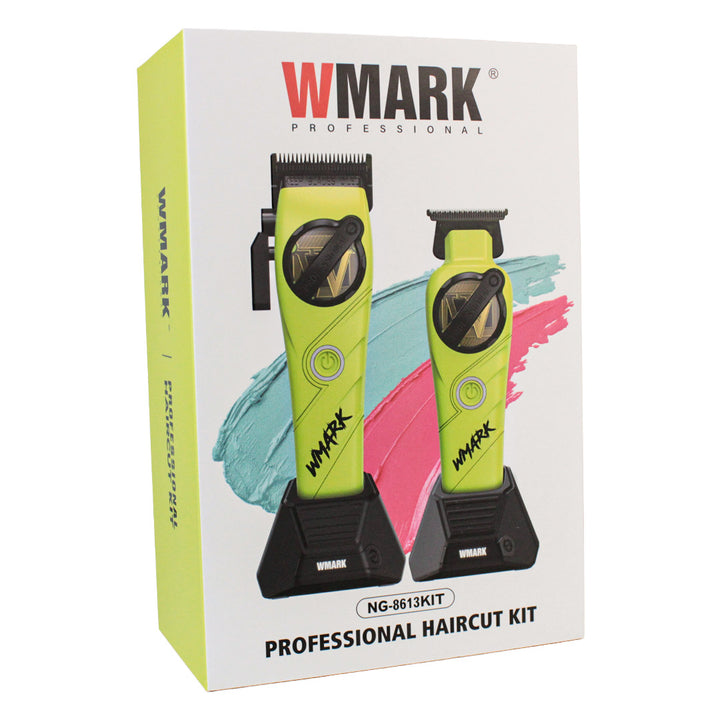 Kit de Corte Profesional WMARK Professional Haircut Kit (NG-8613KIT) - Clipper y Trimmer Recargables con Bases de Carga (Verde)