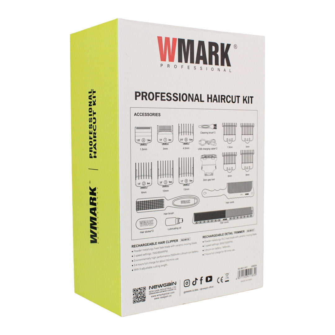 Kit de Corte Profesional WMARK Professional Haircut Kit (NG-8613KIT) - Clipper y Trimmer Recargables con Bases de Carga (Verde)