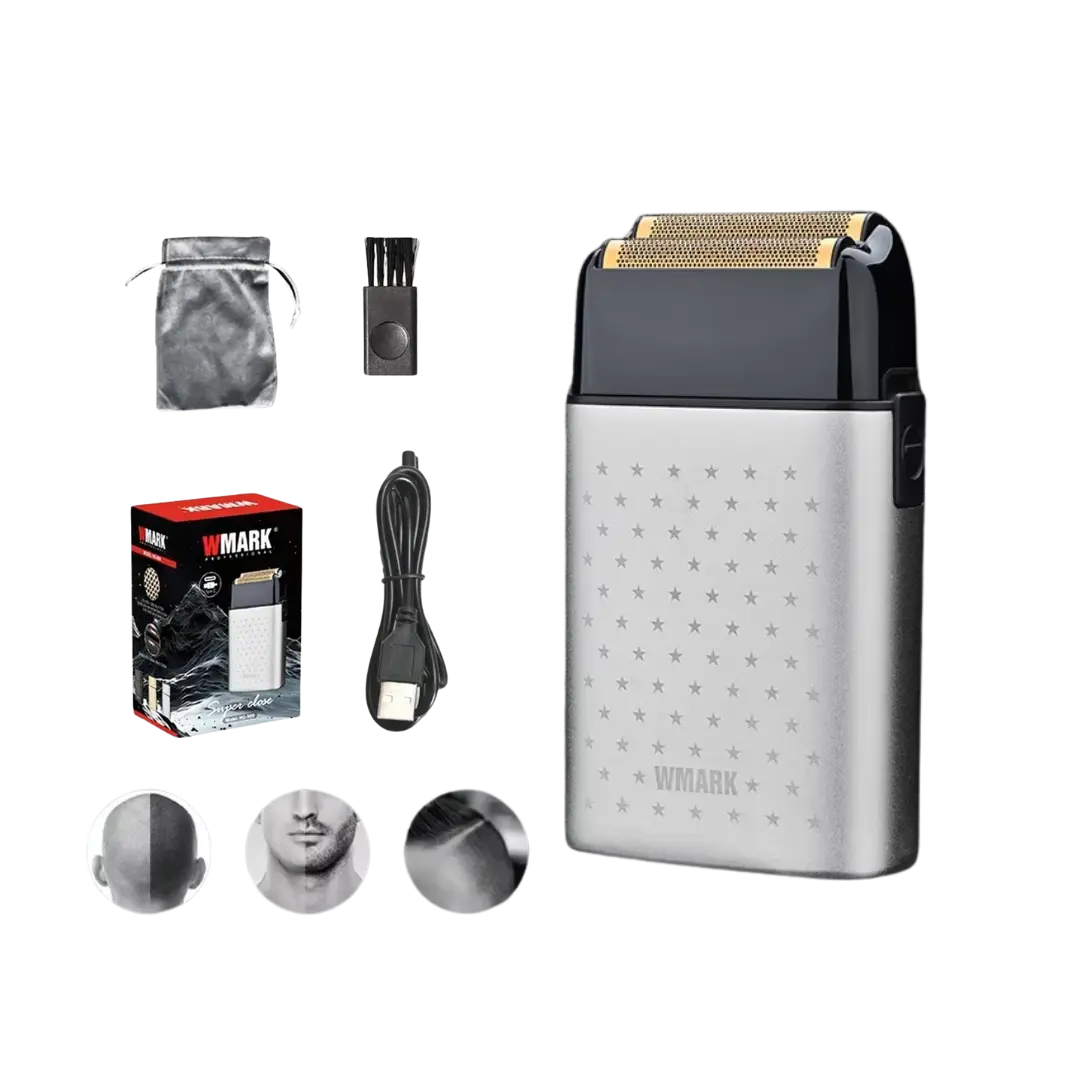 Wmark NG-998 – Rasuradora Profesional Recargable (USB) – 8100 RPM – Doble Cabezal con Lámina de Titanio – Dorado / Plata Perfumería la Mora