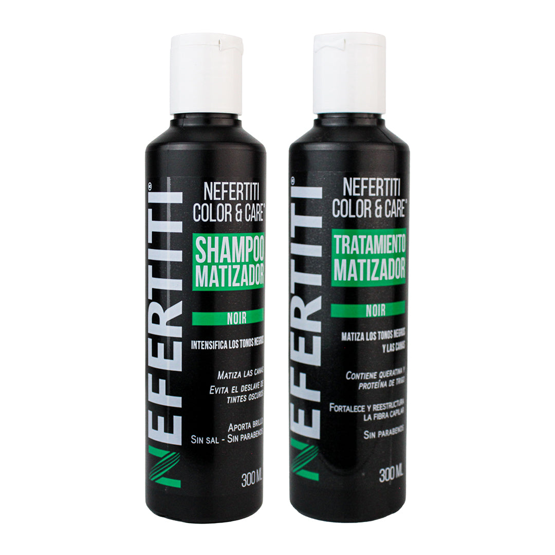 Kit Nefertiti Color & Care Noir - Shampoo y Tratamiento Matizador para Cabello Negro y Canas (300 ml c/u)