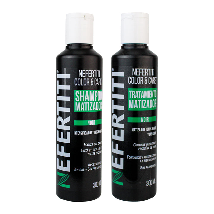 Kit Nefertiti Color & Care Noir - Shampoo y Tratamiento Matizador para Cabello Negro y Canas (300 ml c/u)