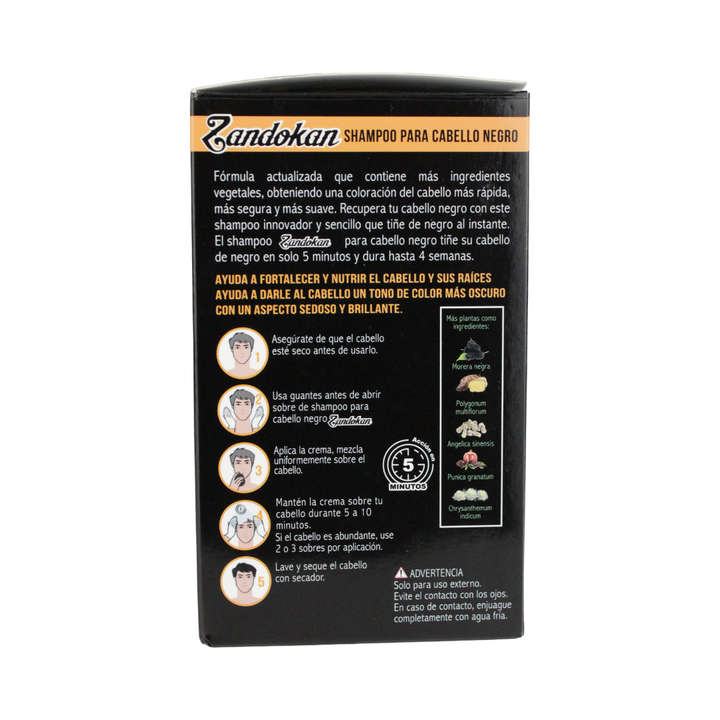 Zandokan Shampoo Tinte Cubre Canas Instantáneo – Color Negro | Caja con 10 sobres de 25 ml
