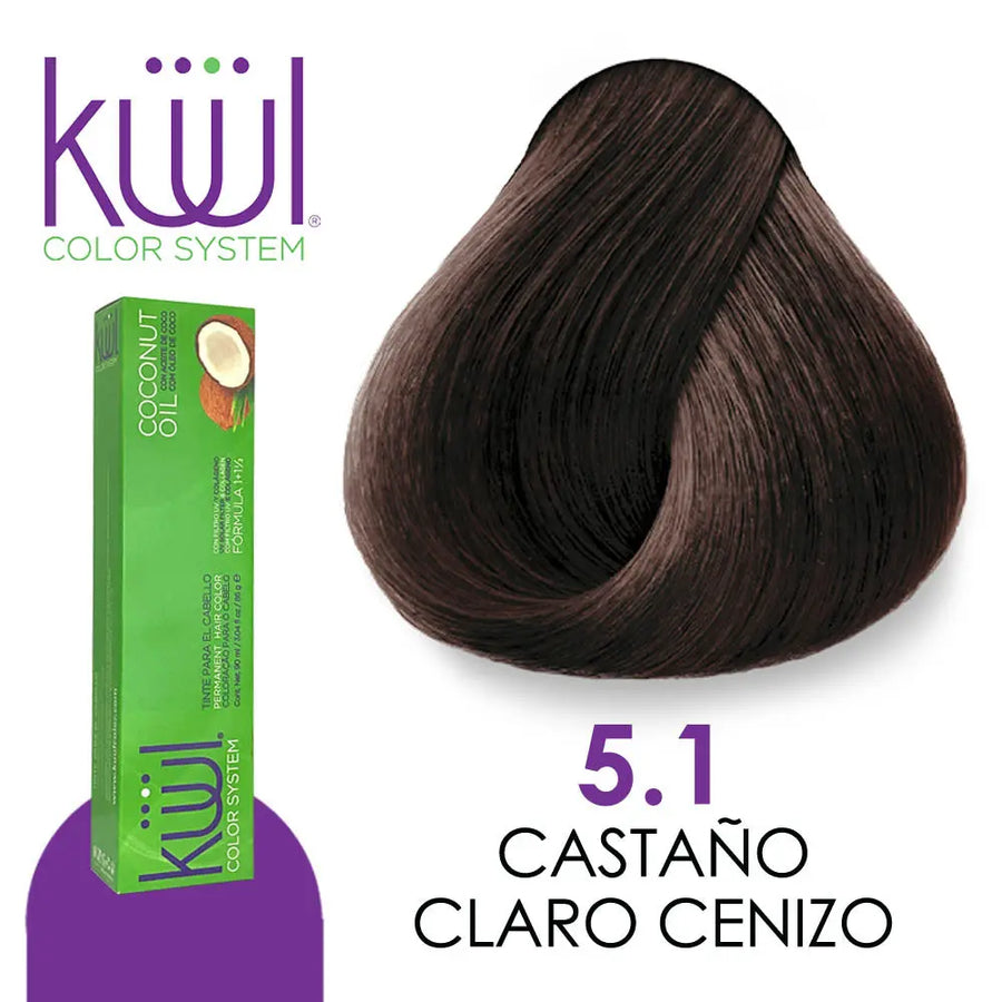 TINTE KUUL PROFESIONAL TONO K5.1 CASTAÑO CLARO CENIZO 90 ML + PEROXIDO DE 135ML GRATIS Perfumería la Mora