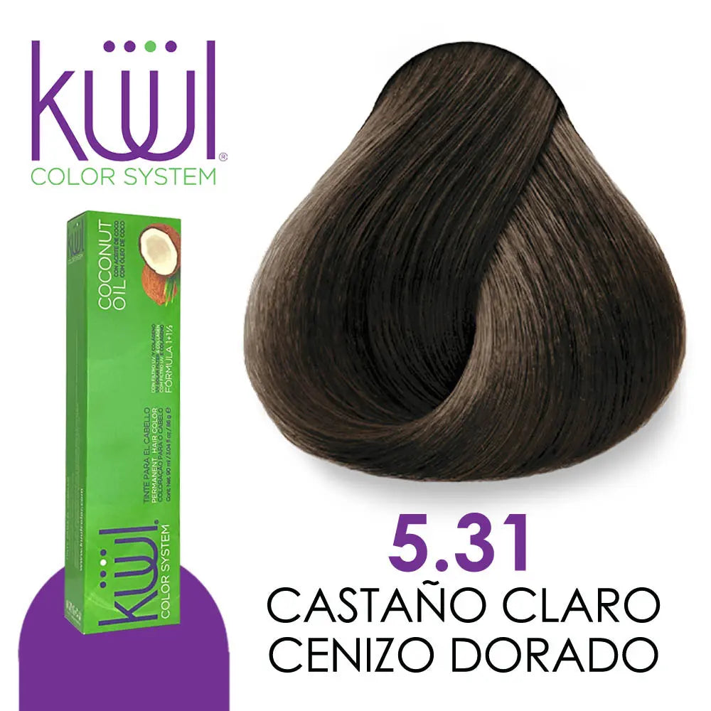 TINTE KUUL PROFESIONAL TONO K5.31 CASTAÑO CLARO CENIZO DORADO 90 ML + PEROXIDO DE 135ML GRATIS Perfumería la Mora
