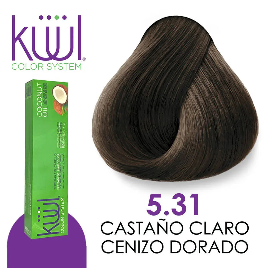 TINTE KUUL PROFESIONAL TONO K5.31 CASTAÑO CLARO CENIZO DORADO 90 ML + PEROXIDO DE 135ML GRATIS Perfumería la Mora