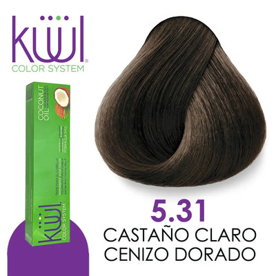 TINTE KUUL PROFESIONAL TONO K5.31 CASTAÑO CLARO CENIZO DORADO 90 ML + PEROXIDO DE 135ML GRATIS Perfumería la Mora