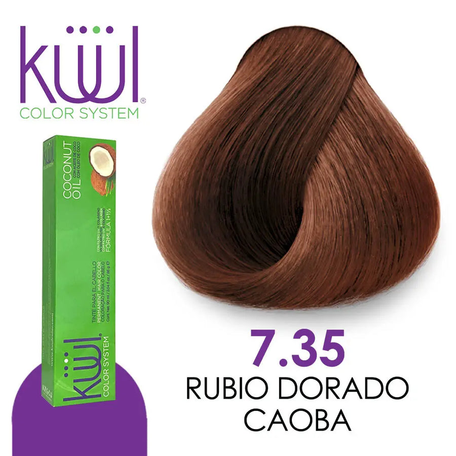 TINTE KUUL PROFESIONAL TONO K7.35 RUBIO DORADO CAOBA 90 ML + PEROXIDODE 135ML GRATIS Perfumería la Mora