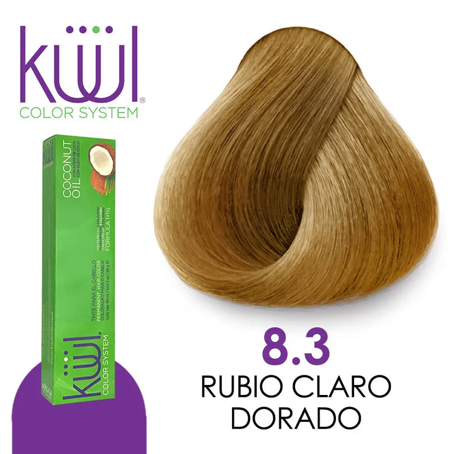 TINTE KUUL PROFESIONAL TONO K8.3 RUBIO CLARO DORADO 90 ML + PEROXIDO DE 135ML GRATIS Perfumería la Mora