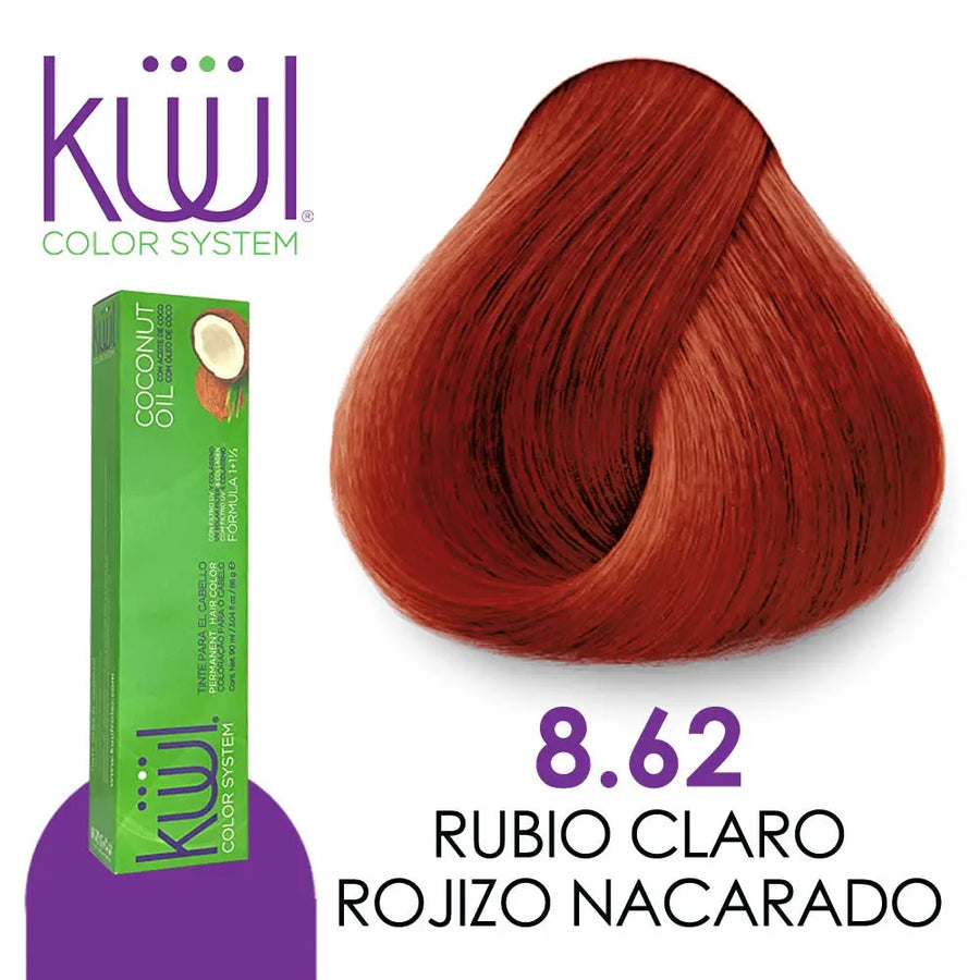 TINTE KUUL PROFESIONAL TONO K8.62 RUBIO CLARO ROJIZO NACARADO 90 ML + PEROXIDO DE 135 ML GRATIS Perfumería la Mora